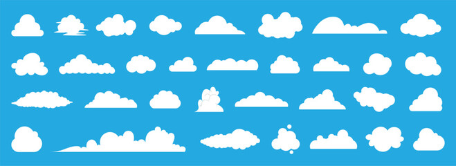 Flat cloud. Simple cloudy shapes. Cartoon white puffy, fluffy and cumulus clouds in blue sky. Abstract comic weather elements. Objects cloudscape for game. Vector collection.