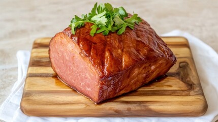 Fototapeta premium Glazed ham on wooden board with fresh parsley garnish