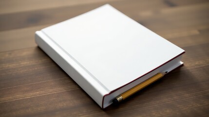 Fototapeta premium A blank white book with a pencil rests on a wooden table, symbolizing creativity and potential