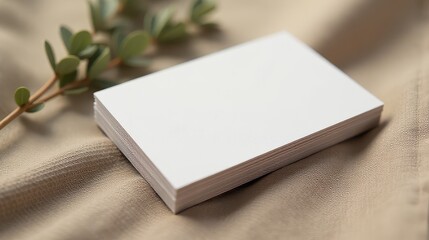 Fototapeta premium Stack of blank white business cards on textured beige fabric with green eucalyptus branch