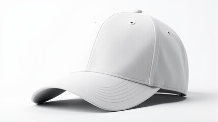 Fototapeta premium A sleek white baseball cap is shown on a plain white background, highlighting its clean lines and minimalist design