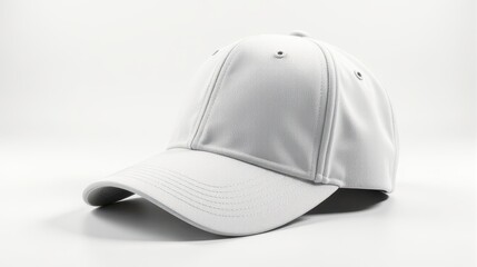 A sleek white baseball cap is shown on a plain white background, highlighting its clean lines and minimalist design