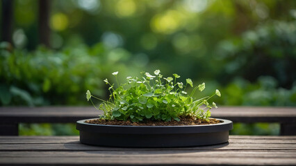 A simple scenario with an abstract background and a podium. View of Centella asiatica (gotu kola) and the platform against a green backdrop