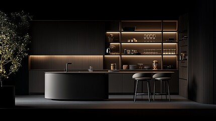 Modern dark kitchen interior with island, shelves, and bar stools.