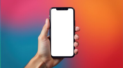 A hand holds a smartphone with a blank screen against a vibrant multicolored background