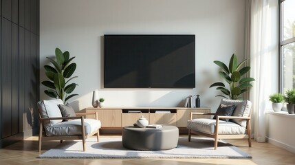 Modern living room with minimalist furniture, a large wall-mounted TV, indoor plants, and a cozy ambiance through natural light from the window