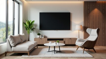 Modern living room with minimalist furniture, a large wall-mounted TV, indoor plants, and a cozy ambiance through natural light from the window
