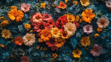 Vibrant floral heart arrangement surrounded by colorful blooms and green foliage