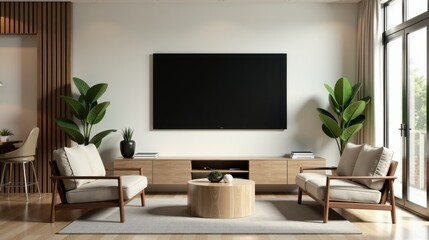 Modern living room with minimalist furniture, a large wall-mounted TV, indoor plants, and a cozy ambiance through natural light from the window