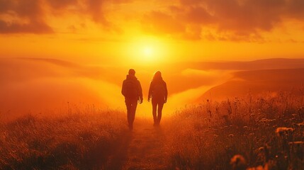 Couple hiking at sunset on scenic mountain trail