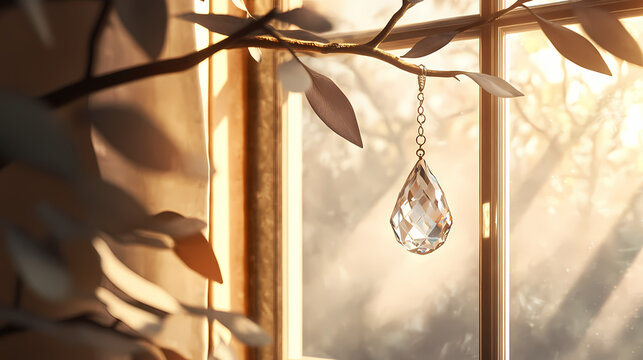 Crystal suncatcher hanging from branch in window. Suncatcher. Illustration