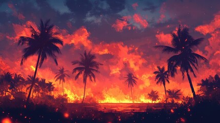 Fiery Sunset Inferno Engulfs Tropical Palm Trees