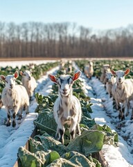 A herd of goats among snowy cabbage fields under a clear blue sky.