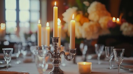 Elegant candlelit dinner setting with silver candelabra and glassware