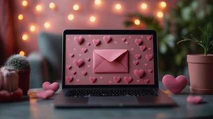 Digital love message: envelopes and hearts displayed on laptop screen with warm bokeh lights