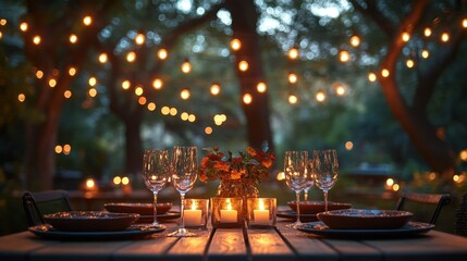 Romantic outdoor dinner with candlelight and string lights in a garden setting