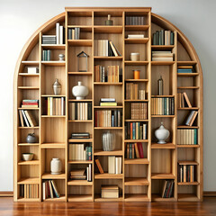 wooden book shelf filled with books in various sha