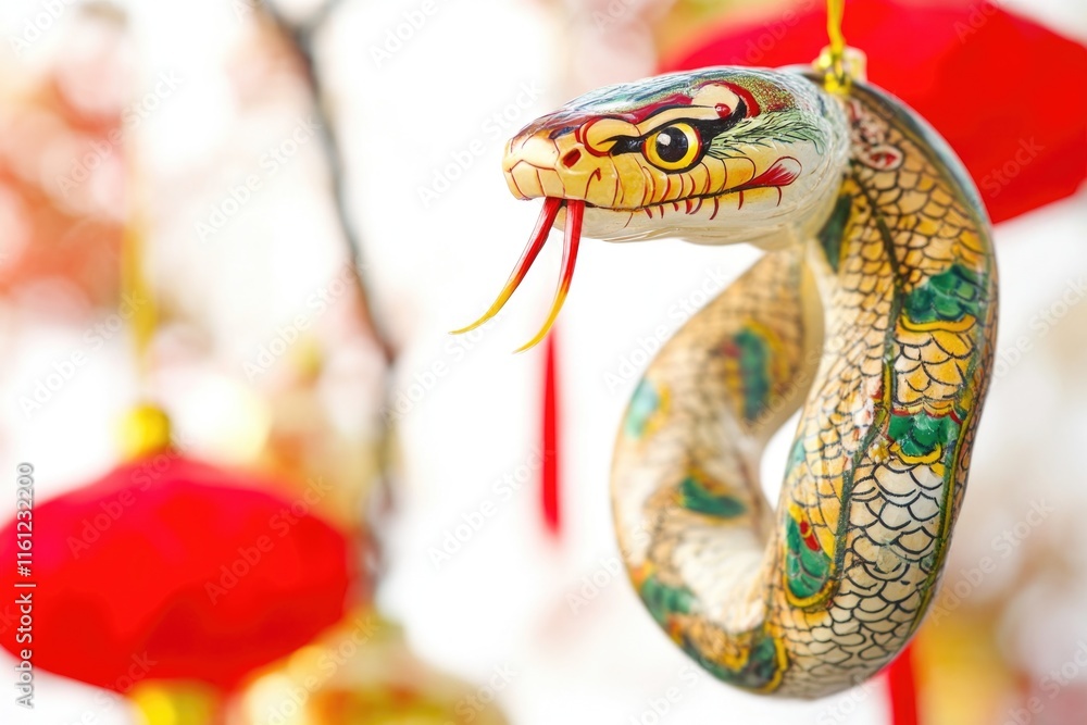 Poster a close-up shot of a snake suspended from a tree branch, showcasing its scaly texture and subtle mov