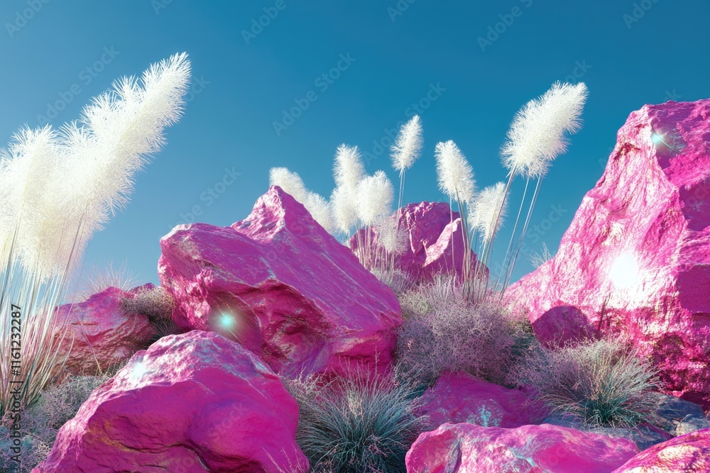 Poster a photo of a field with pink rocks and green grass, suitable for use in presentations or designs rel