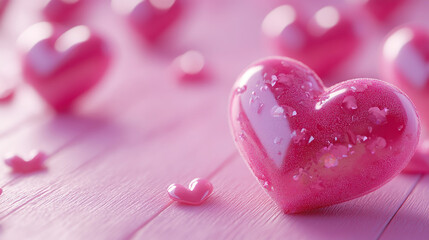 Fototapeta premium Glossy Pink Heart Decorations on Wooden Surface for Valentine's Day