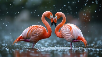 Romantic flamingo pair embracing in rainy waterscape