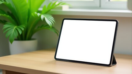 A tablet with a blank screen sits on a light wooden table next to a green potted plant, bathed in soft natural light