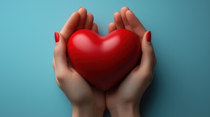 Obraz premium Hands gently holding a red heart on a blue background