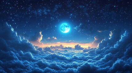 Fototapeta premium Enchanting blue moon shining over cosmic cloudscape and starry night sky