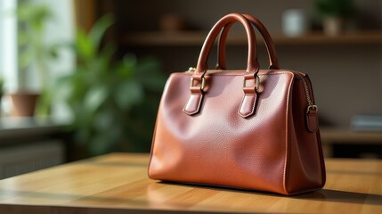 Luxurious brown leather handbag with elegant gold details, beautifully lit on a wooden table