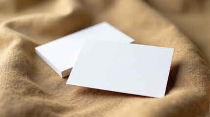 Obraz premium Stack of plain white business cards on a burlap surface, perfect for branding or corporate identity concepts