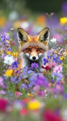 Fototapeta premium A fox amidst a vibrant field of wildflowers, showcasing nature's beauty and wildlife.
