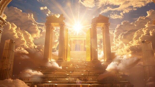 A majestic golden gate stands tall amidst fluffy white clouds, representing the ethereal doors to heaven and the promise of afterlife.