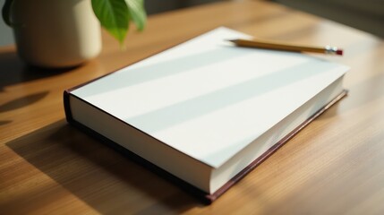 A close-up of a blank notebook with a yellow pencil on a wooden desk, bathed in warm sunlight