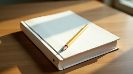 A close-up of a blank notebook with a yellow pencil on a wooden desk, bathed in warm sunlight