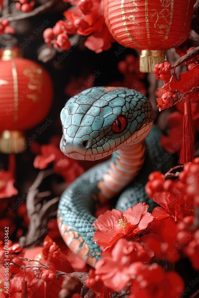 Aufkleber A close-up view of a snake curled around the branches of a tree adorned with bright red flowers