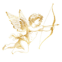 Freehand golden Cupid scribble isolated on white background. Texture of writing materials. Handwritten valentines doodles and pencil strokes. Hand drawn gold Cupidon line art