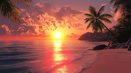 Calm ocean waters during a tropical sunrise creating a peaceful and serene coastal scene