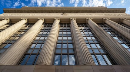Federal Reserve building facade standing strong and secure, symbolizing economic stability and the central role of financial institutions in modern society