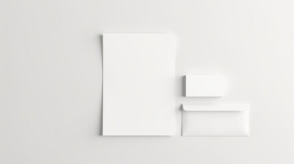 Minimalistic office stationery arrangement featuring a blank sheet, pen, envelope, and erasers on a white background