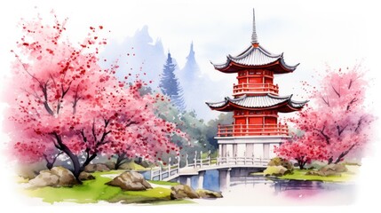 Obraz premium Serene Japanese Pagoda in Spring Blossom