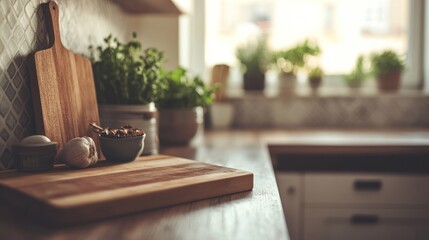 Fototapeta premium Rustic Kitchen Still Life: Wooden Cutting Boards, Herbs, and Garlic