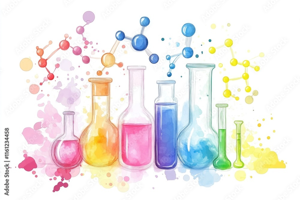 Aufkleber a collection of laboratory flasks containing colorful liquids
