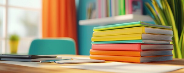 Organized study space with colorful notebooks home office interior design bright room eye-level view productivity concept