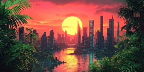 Futuristic City Skyline at Sunset with Lush Tropical Foliage