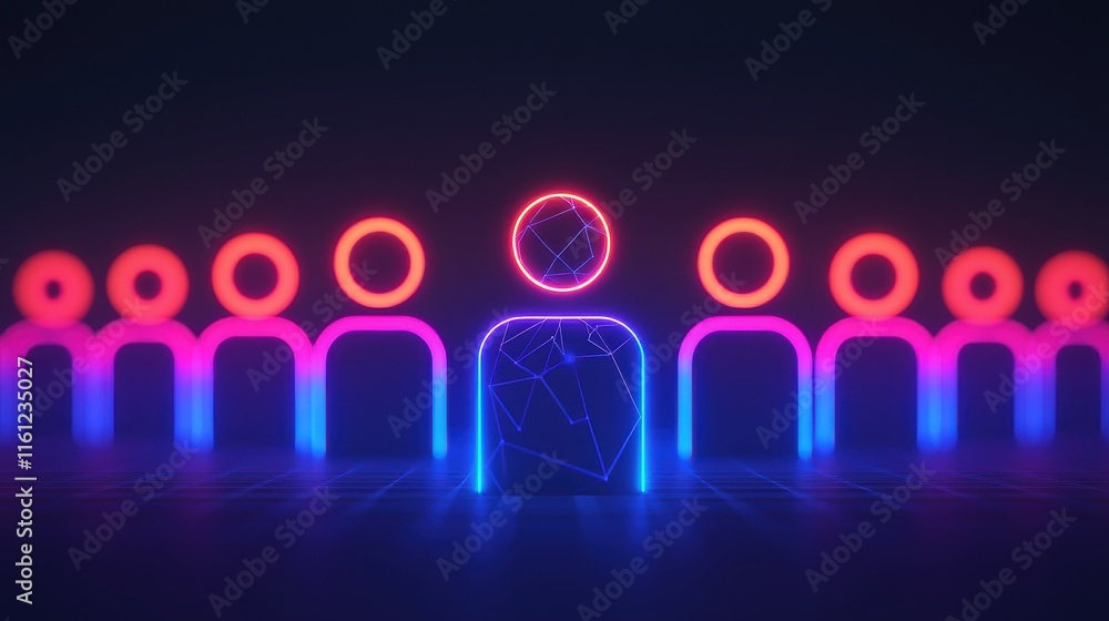 Poster futuristic neon characters representing individuality and community in a digital world with glowing 