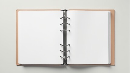 An open ring binder with blank pages on a neutral background, ideal for concepts related to organization, planning, or creative projects