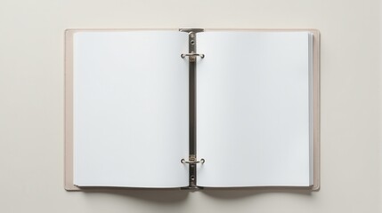 An open ring binder with blank pages on a neutral background, ideal for concepts related to organization, planning, or creative projects