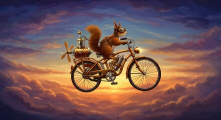 Obraz premium Squirrel on a Flying Bicycle: A whimsical and adventurous illustration of a squirrel riding a steampunk bicycle soaring through the clouds at sunset. 