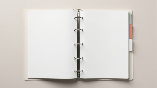 An open ring binder with blank pages on a neutral background, ideal for concepts related to organization, planning, or creative projects