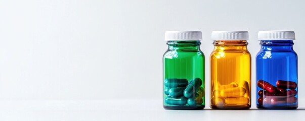 Exploring health supplements colorful pill bottles on a clean surface modern pharmacy minimalistic perspective